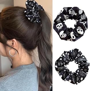 2 Packs Halloween Hair Scrunchies Black White Soft Elastic Satin Hair Ties Spooky Skull Hand Spider Web Bat Prints Hair Scrunchy Ponytail Holder Hair Bands for Women Halloween Party Hair Accessories