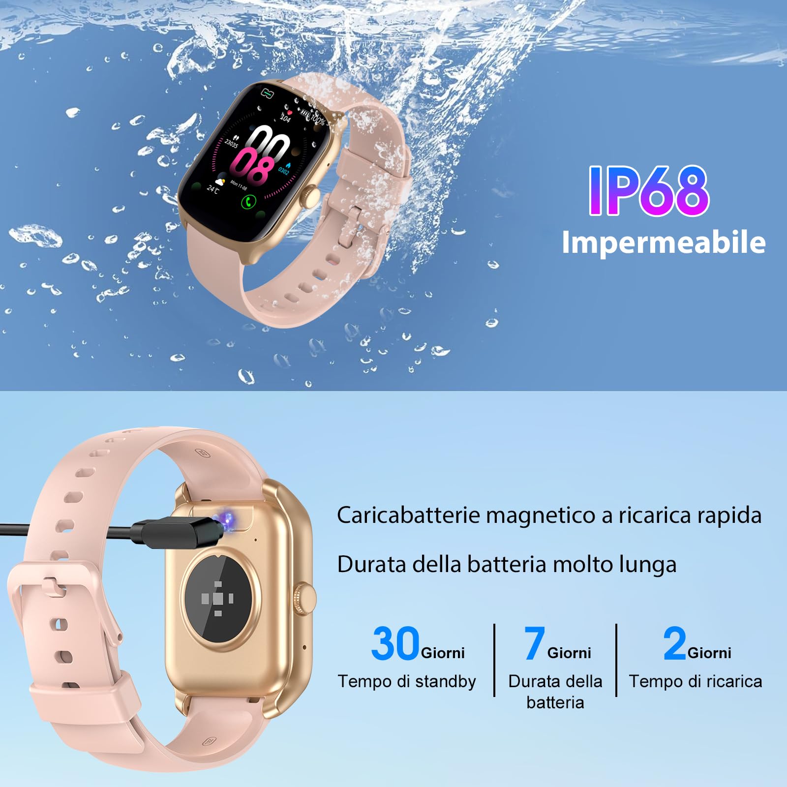 Qecnato Smartwatch Uomo Donna, 1.95HD schermo curvo Contapassi Sonno Cardiofrequenzimetro, Smart watch IP68 per iOS/Android, Rosa