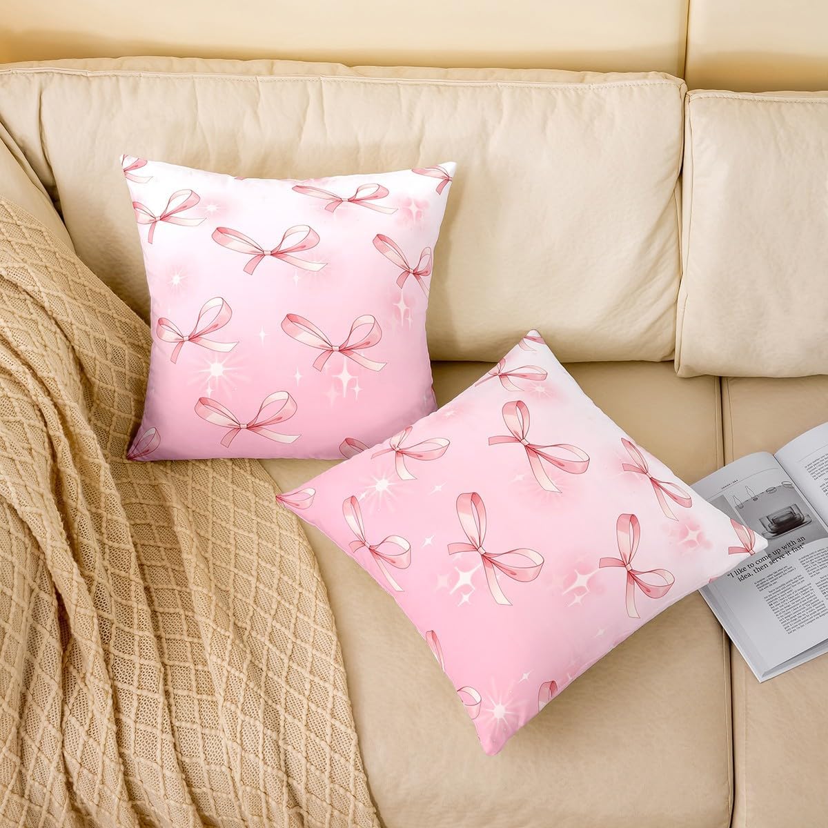 Manfei Pink Bowknots Pillow Covers Reversible Print Pack of 2,Glitter Starry Bow Dreamy Decorative Cushion Covers for Sofa,Princess Fairy Tale Theme Bow-tie Girly Couch Pillow Covers,24"x 24"