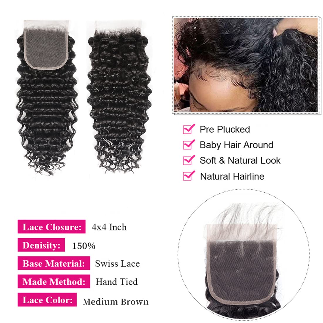 Deep Wave Bundles with Closure (18 20 22+16 Closure) Deep Wave Human Hair Bundles and Closure Free Part 100% Unprocessed Virgin Hair 4x4 Lace Closure with Baby Hair Pre Plucked Natural Color
