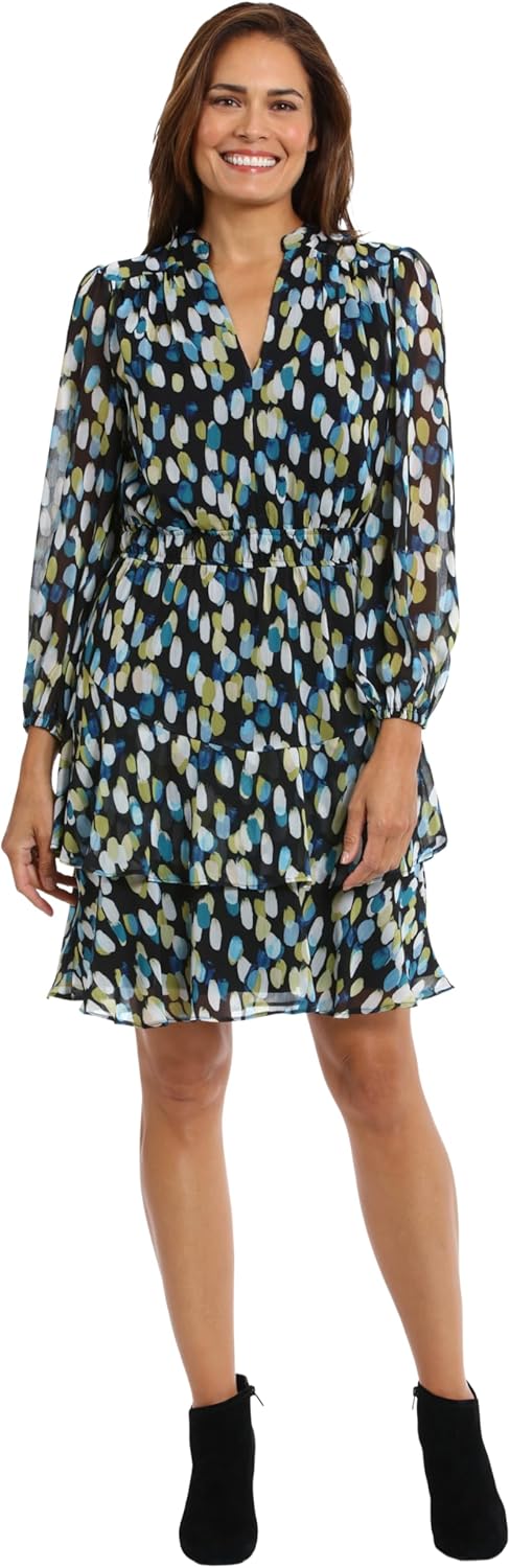 London Times Women's Elastic Waist Blouson Waist Bishop Sleeve Feminine Flattering Versatile Dress