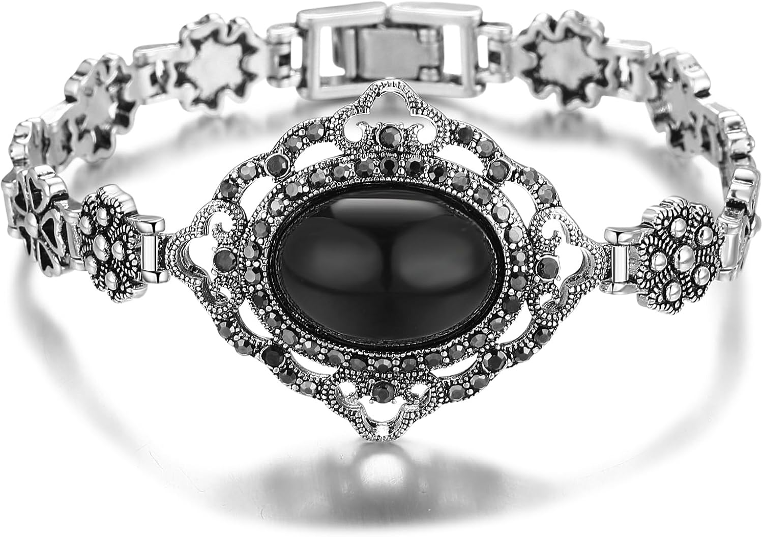 Mytys Bracelets for Women, Vintage Black Onxy Chain Link Silver Rose Flower Design Marcasite Bangle Bracelets Jewelry Gift