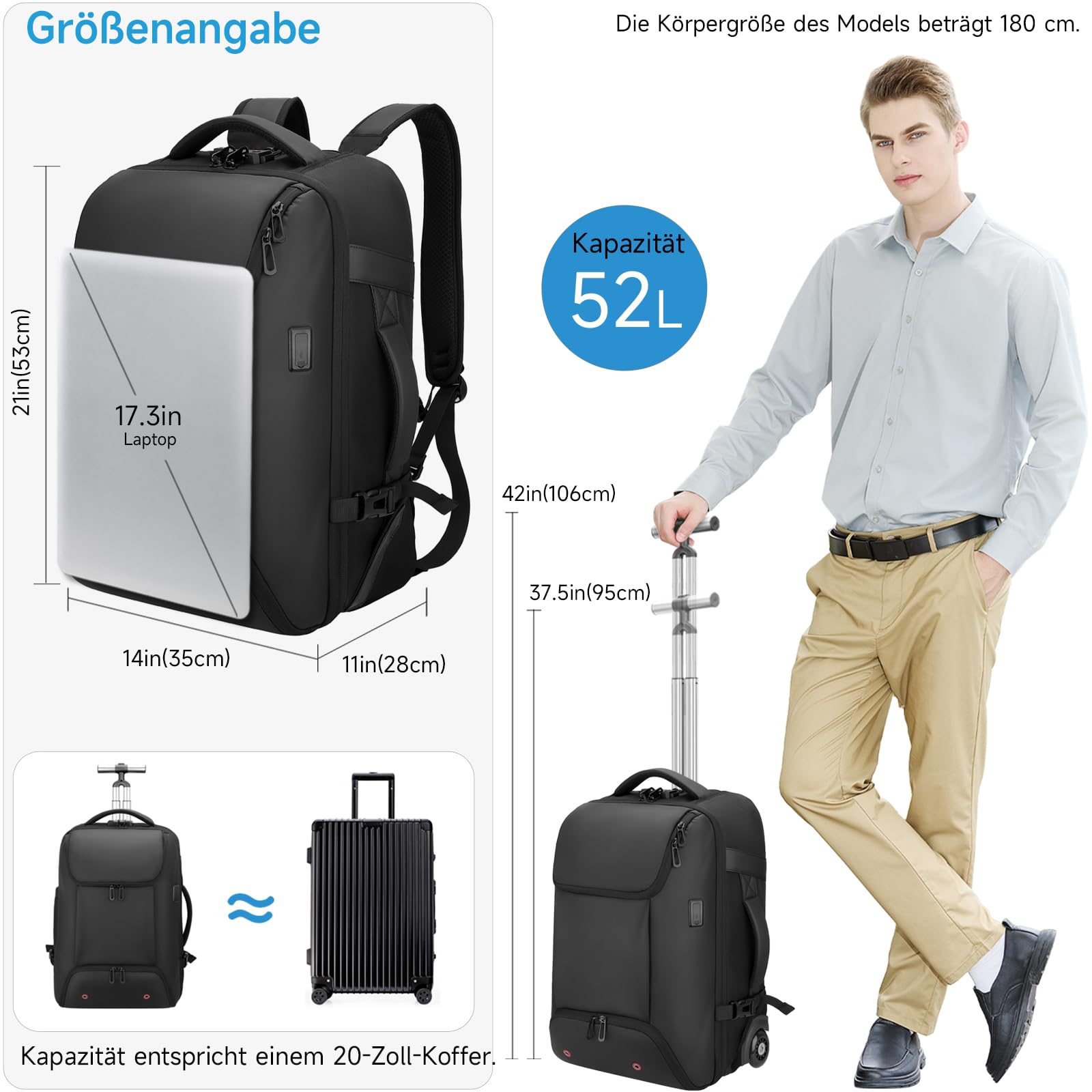 Reiserucksack mit rollen,17 Zoll Laptop trolley rucksack, Wasserfester Handgepäck-Rucksack mit USB-C-Anschlüssen, Diebstahlsicher für Reisen, Geschäftsreisen und Pendeln, Schwarz