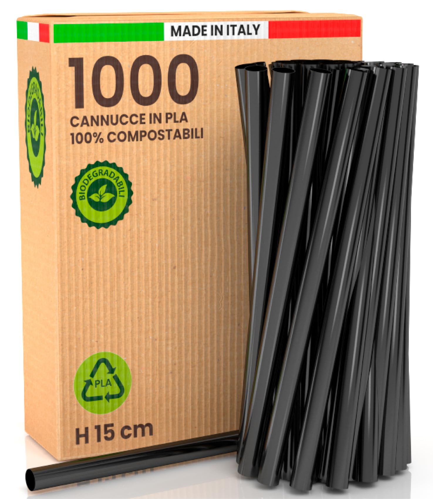 1000 Cannucce Larghe Jumbo 100% Ecologiche - 15 cm x 8 mm, Rigide Riutilizzabili Biodegradabili e Compostabili, Made in Italy - Ideali per Bevande, Cocktail, Eventi e Feste – Colore Nero