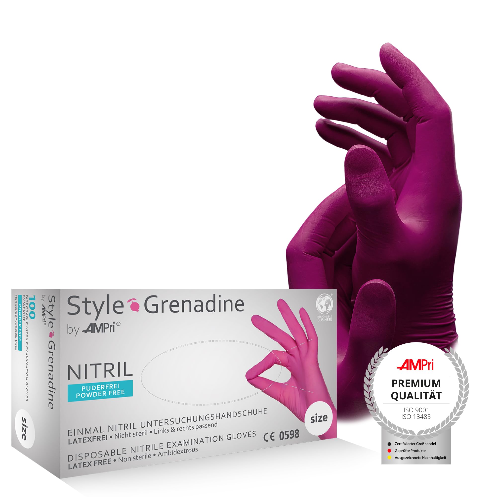AMPRI Nitrilhandschuhe, magenta, pink, 100 Stück/Box, Größe XS, puderfrei, Style Grenadine by Med-Comfort: Nitril Einmalhandschuhe, Einweghandschuhe in den Größen XS, S, M, L, XL
