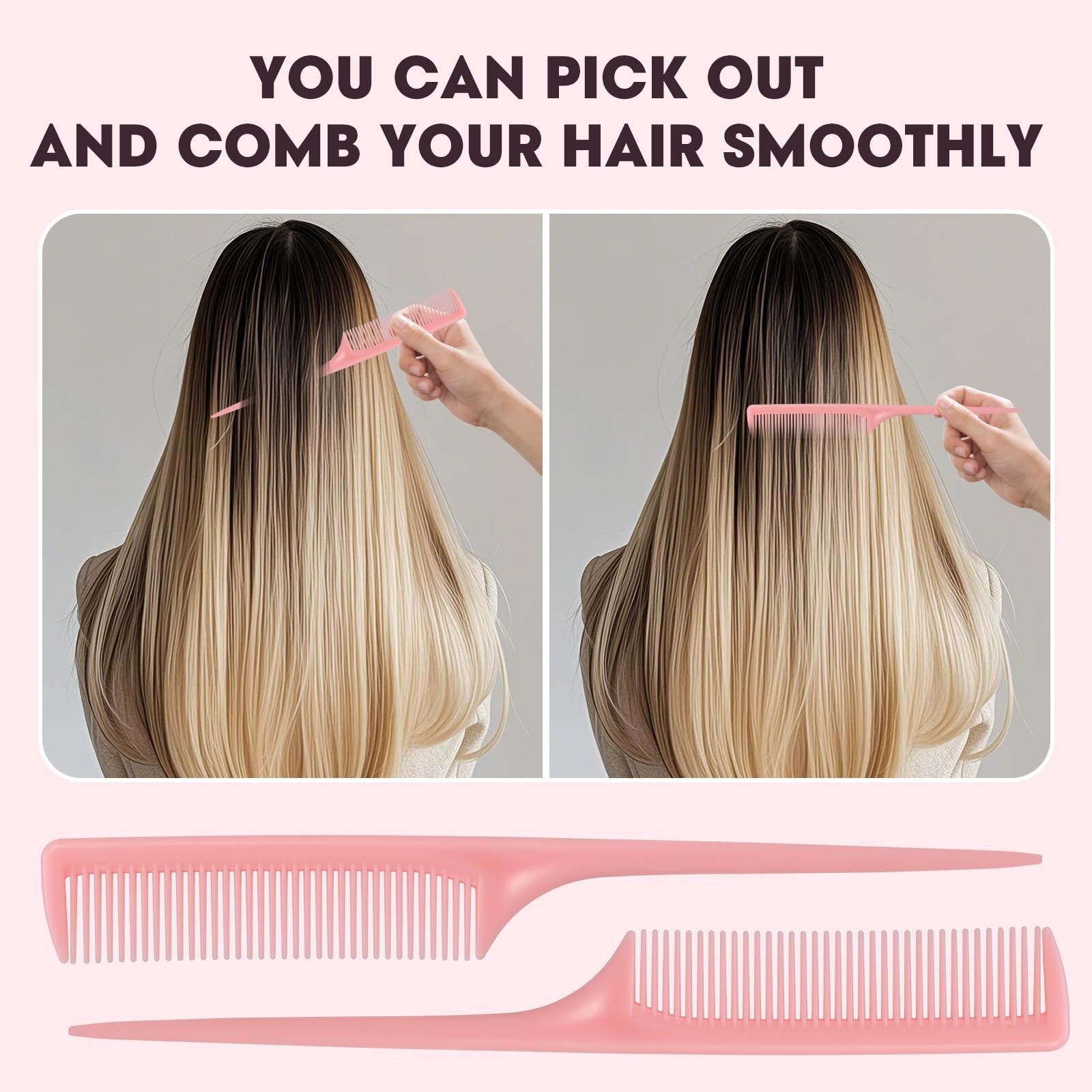 Set di 3 pettini a coda di topo, pettini a denti fini per donne e ragazze, strumenti per la separazione e lo styling dei capelli (rosa, viola, blu)