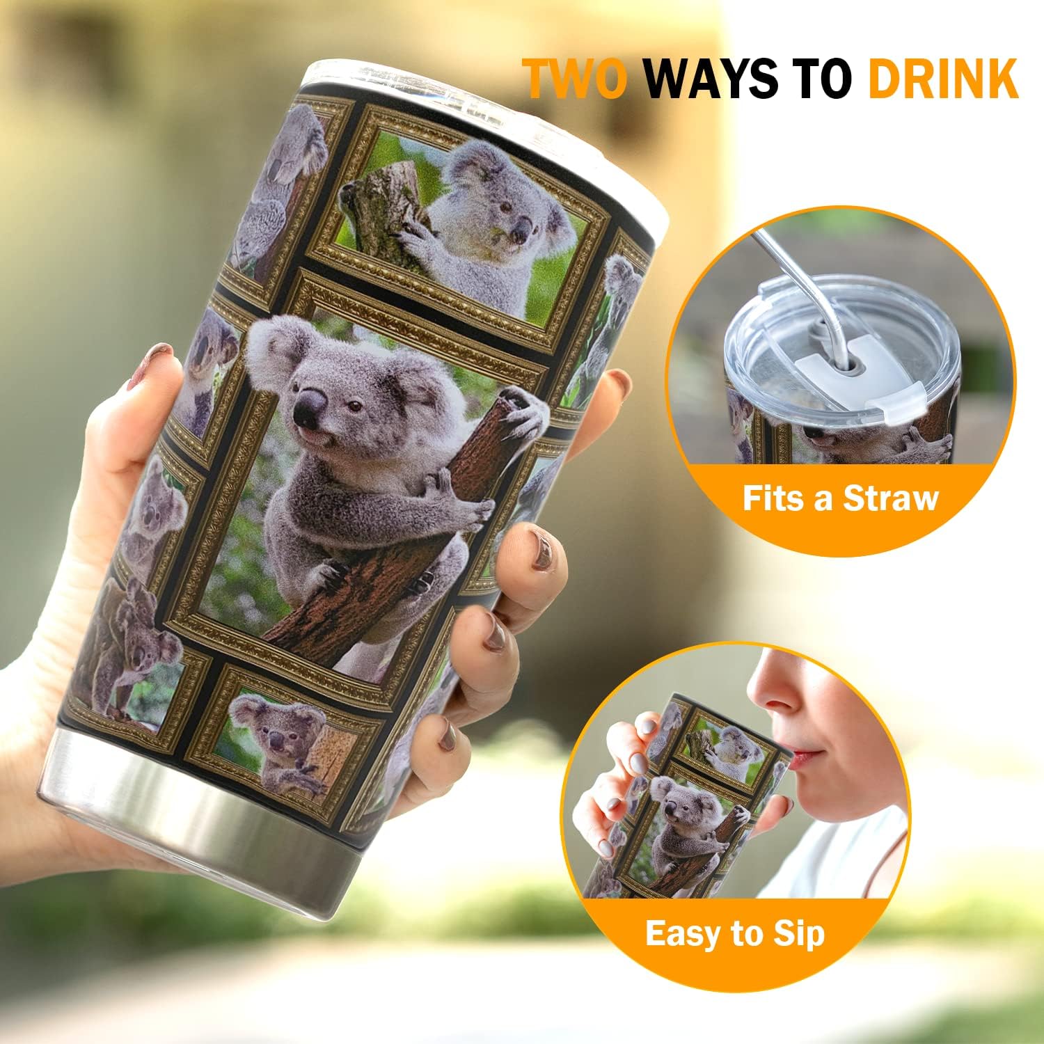 Koala Tumbler Cup with Lid Spill Proof Iced Coffee Travel Mug Insulated Stainless Steel Water Bottle 20 Oz Cold Drink Thermal Cups