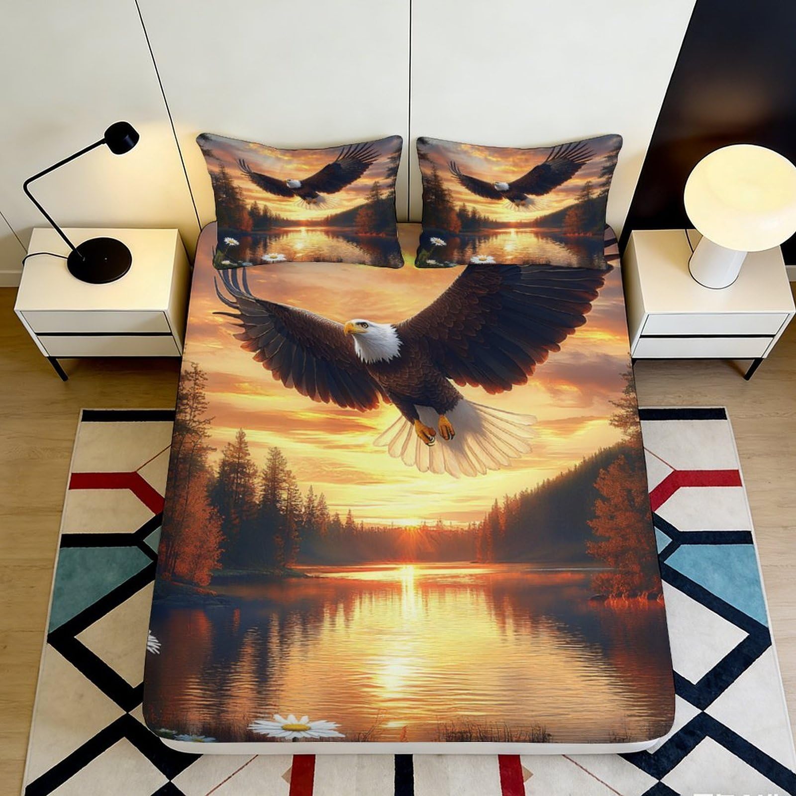 3D Printed Majestic Eagle Sunset Fitted Sheet Microfiber Breathable Forest Lake Mattress Cover for Bedroom Home Decor 120x200x25cm
