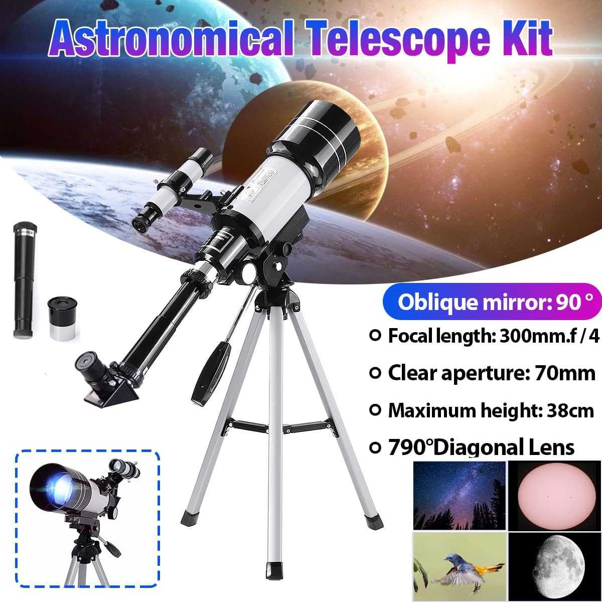 iMeshbean Telescope for Kids&Beginners,70mm Aperture 300mm Astronomical Refractor Telescope(15X-150X), Portable TravelTelescope for Adult with A Finder Scope,Moon Filter,Phone Adapter