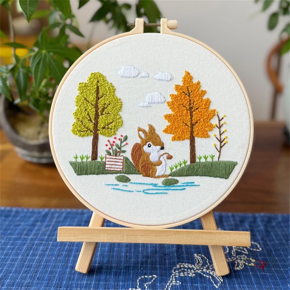 Meecaa Squirrel Tree Flower Embroidery Kit Starter Set, Hand Embroidery Set,Pattern Printed Cross Stitch Set for Beginner Adults, with Embroidery Hoop and Instructions (Squirrel)