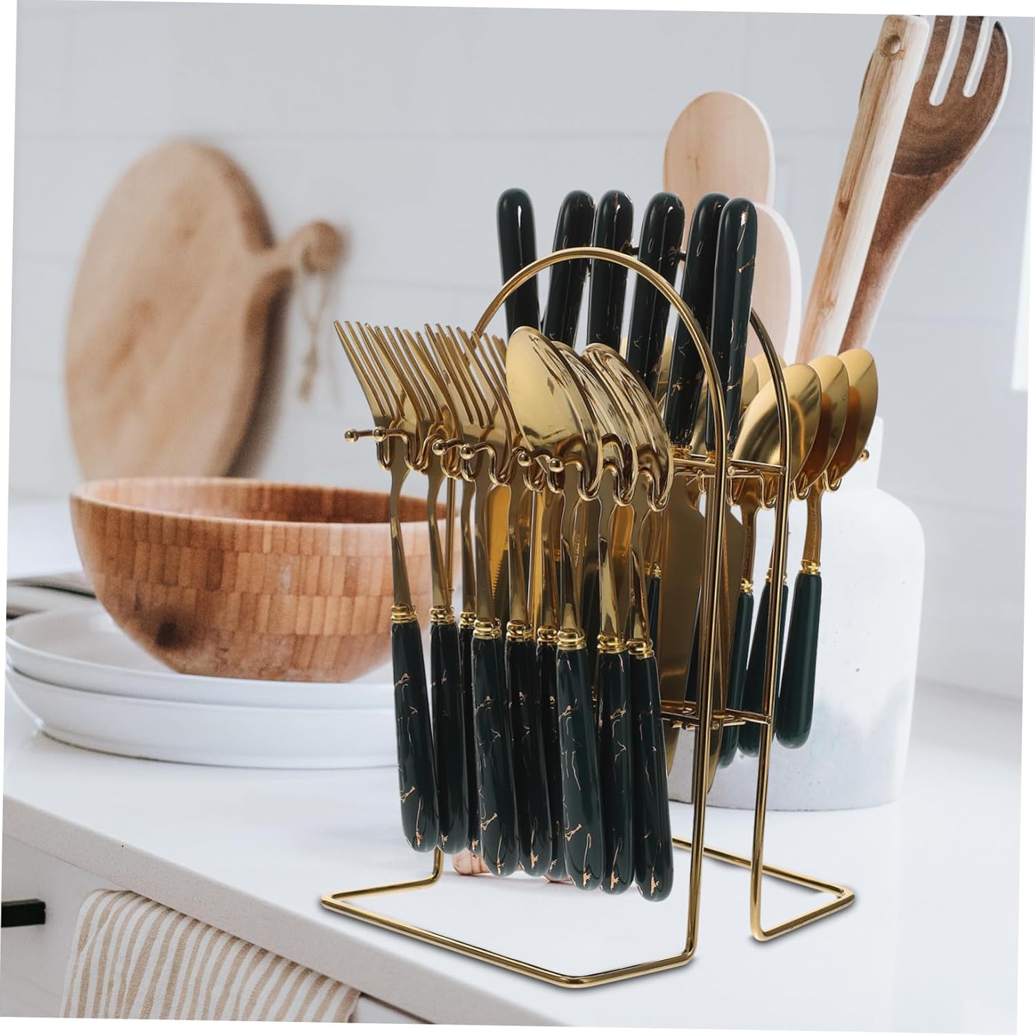 Stainless Steel Cutlery Set with Ceramic Handles and Hanging Stand Reusable Fork Spoon Knife Kit for Kitchen Party Camping and Restaurant Use Smooth Skin-friendly Flatware