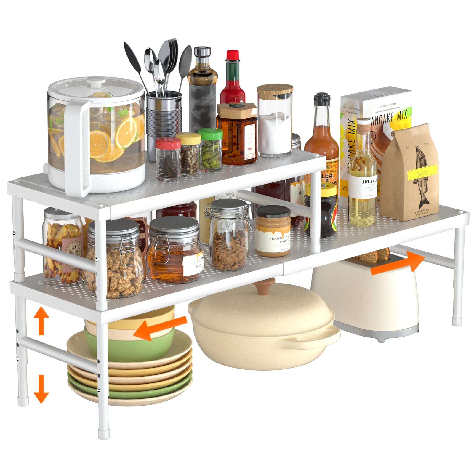SKYSER 2 Pack Spice Rack kitchen Cupboard Shelf Organiser, Expandable Kitchen Shelf Organiser, Adjustable height, suitable for kitchen, cabinet, study, bathroom (White)