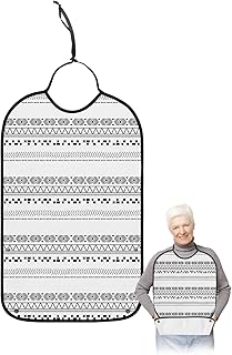 Kewadony Adult Bibs for Elderly Women - Boho Geometric Waterproof Dining Clothing Protectors with Crumb Catcher for Eating/Feeding, Line Black White Ethnic Art Aesthetic Terry Cloth Bib Washable