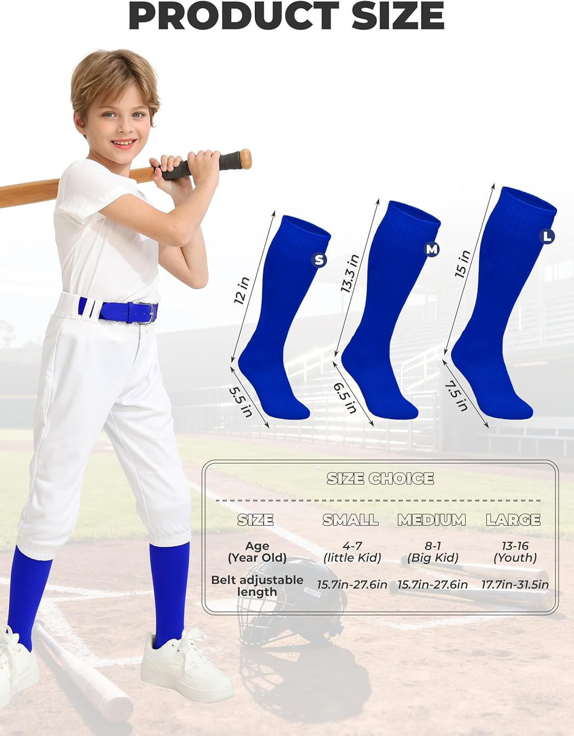 3 Pairs Baseball Socks and Belt Combo Youth Boys Softball Football Socks and Elastic Baseball Belts for Boys Girls - Image 2