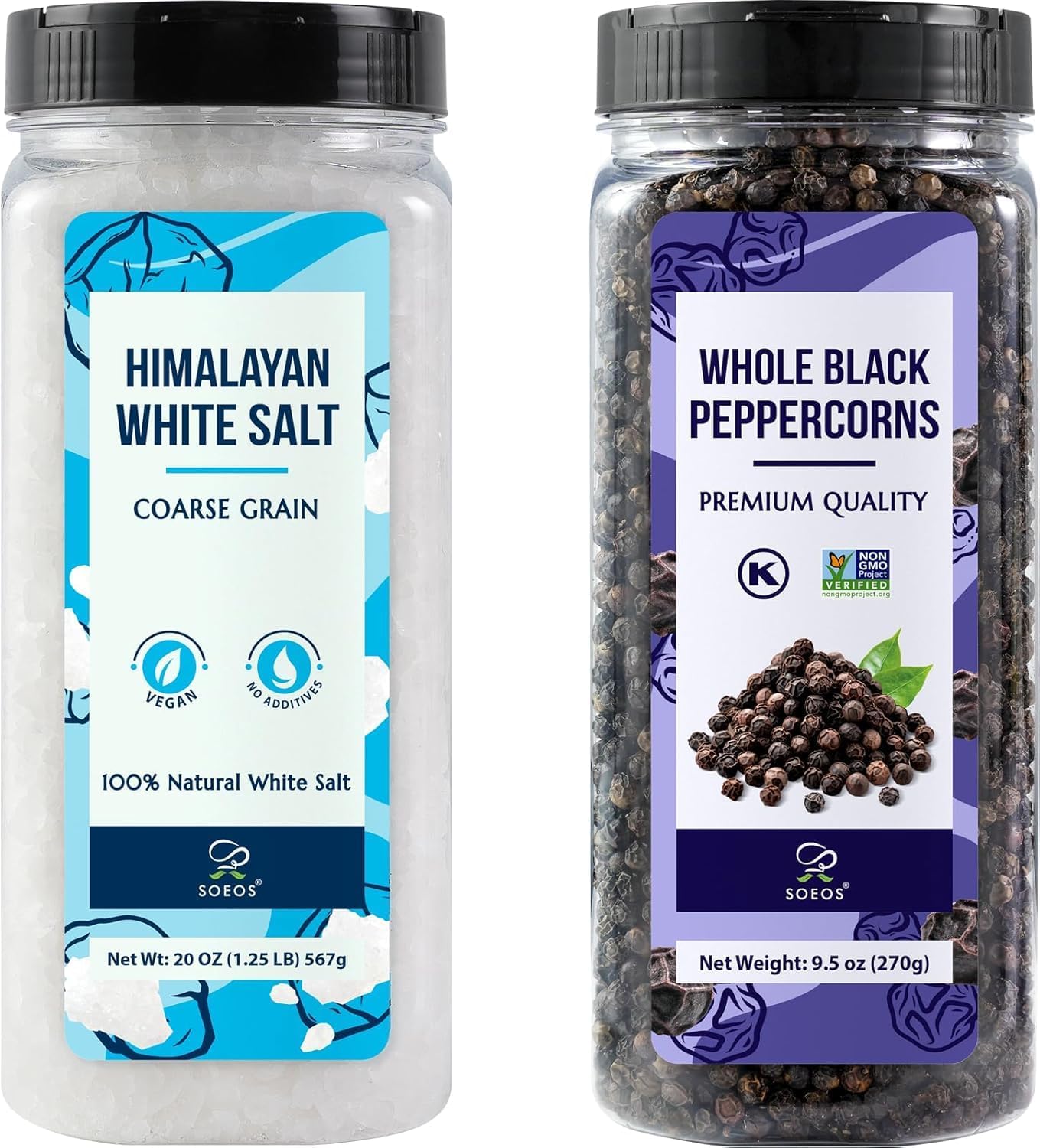 Soeos White Salt 20 Oz + Black Peppercorns 9.5 Oz, Coarse Grain, 2 Set