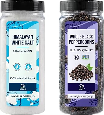 Soeos White Salt 20 Oz + Black Peppercorns 9.5 Oz, Coarse Grain, 2 Set