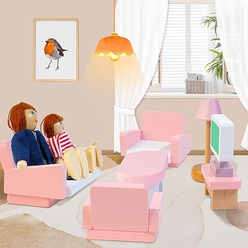 Miniatura 3 de Kizfarm Juego de muebles de casa de muñecas de madera con 4 muñecas familiares, 26 piezas de accesorios de casa de muñecas para 4 habitaciones,