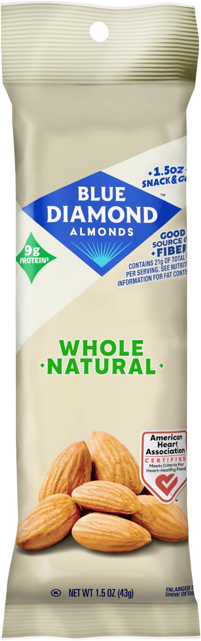 Blue Diamond Almonds, Whole Natural Flavored Snack Nuts, Single Serve Bags (1.5 Oz. Tubes, Pack of 12)