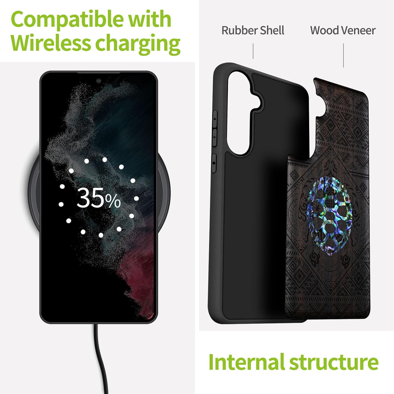 Carveit Designer Wooden Case for Samsung Galaxy S24 Plus Case [Wood Engraving & Shell Inlay] Compatible with Wireless Chargers S24 Plus Cover (The Turtle Amidst Zendoodle-Blackwood)