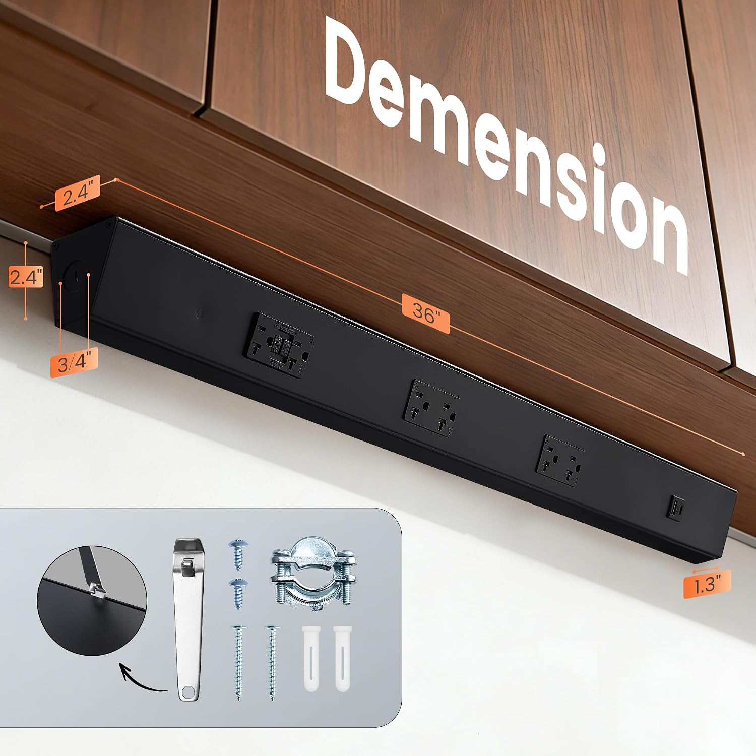 SURAIELEC 36 in Under Cabinet Hardwired Power Strip with GFCI, Trapezoid Aluminum Outlet Strip, 20A GFCI + 2×20A TR Outlets with USB-A & USB-C, Modular No-Cut Extension System, Black, ETL Listed