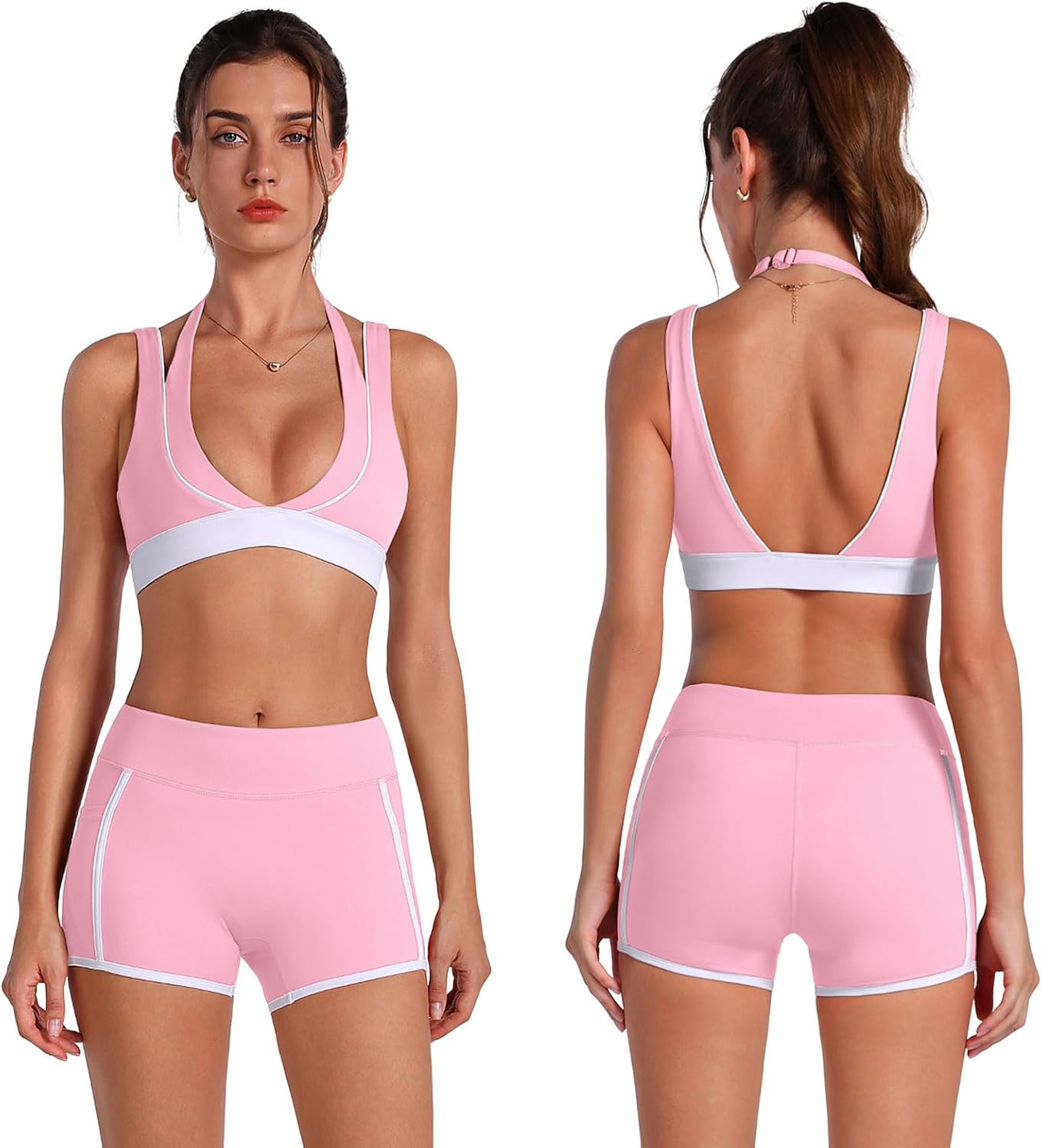 ABOCIW Womens 2 piece Workout Sets Deep V Neck Layered Sports Bra High Waist Mini Shorts with Pockets