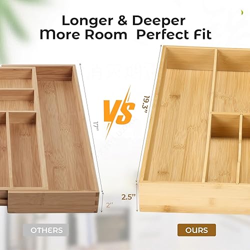 Miniatura 4 de Fabsome Organizador de cubiertos para cajones de cocina, bandeja de cubiertos de madera de bambú de 2.5 pulgadas de profundidad y 18.8 pulgadas de