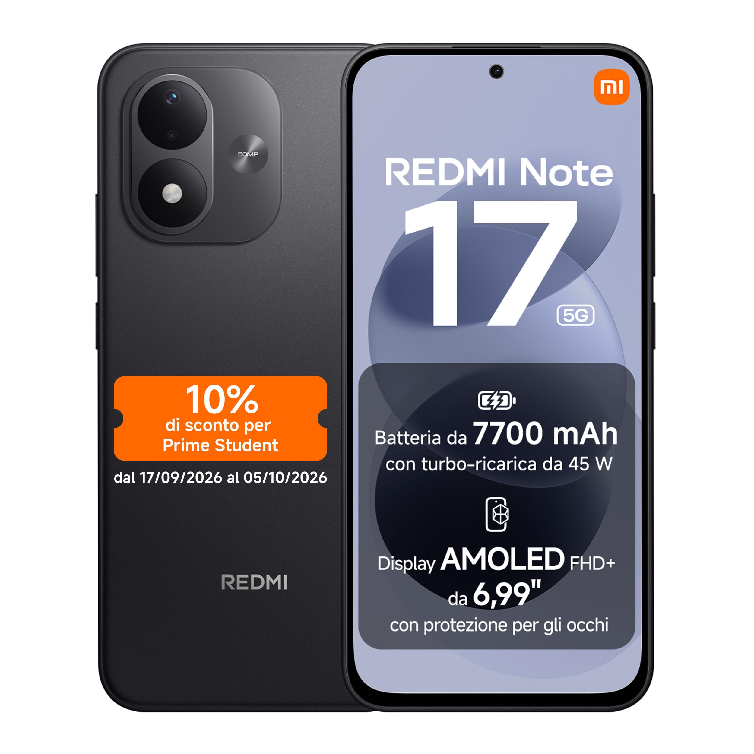 REDMI Note 17 5G, Smartphone 6+128GB, Black, Batteria da 7700 mAh | Snapdragon® 4 Gen 4, Ricarica Turbo 45W, Display AMOLED FHD+ 6,99" Protezione Occhi, Xiaomi HyperOS, IP65, Fotocamera 50MP