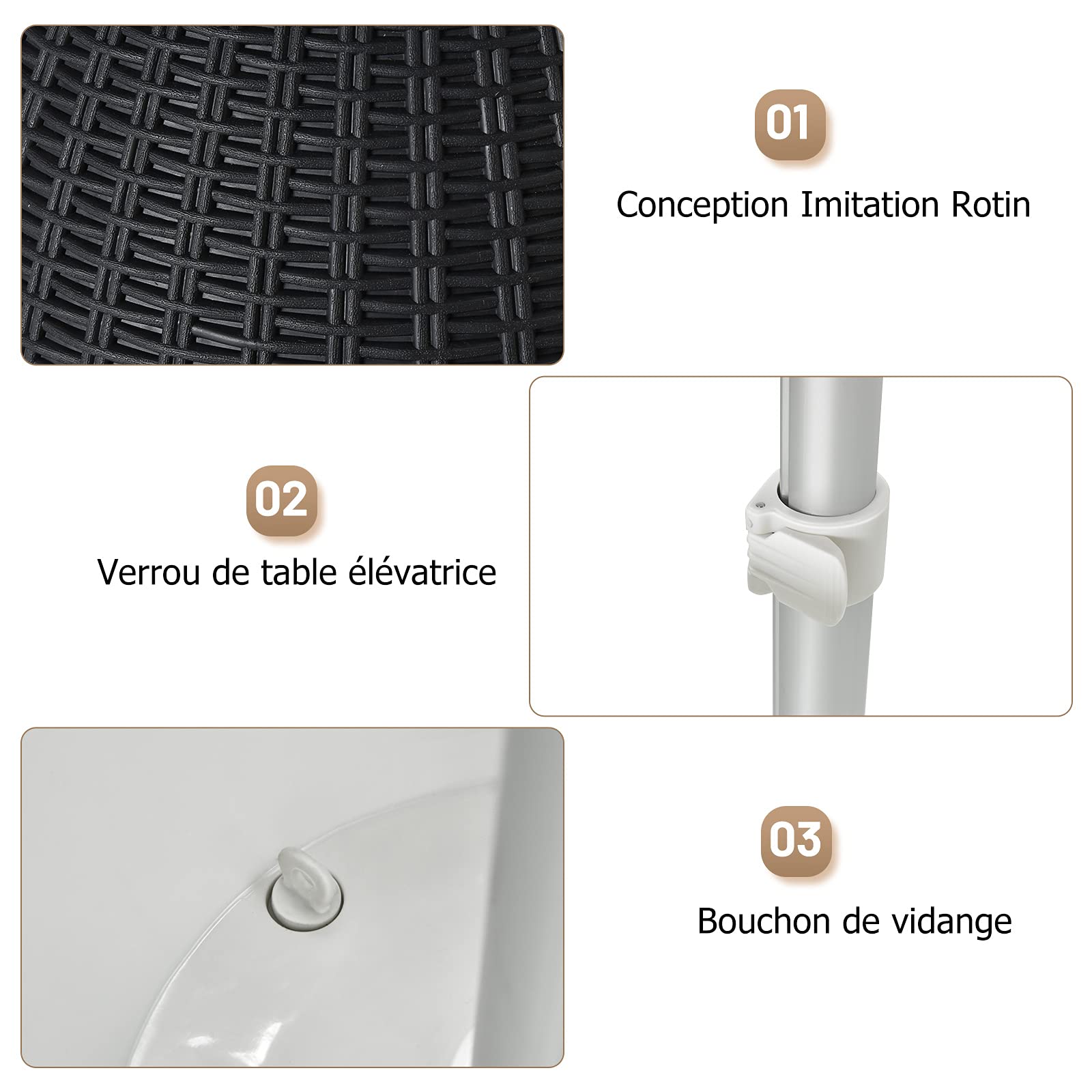 GOPLUS Cubo de Hielo 3 en 1 Ajustable en Altura con tapón de Vaciado, Mesa de Enfriador de Hielo, 30 l de Polipropileno y Mimbre Imitado, Mesa de jardín con Cuenco para Cubitos de Hielo para Playa