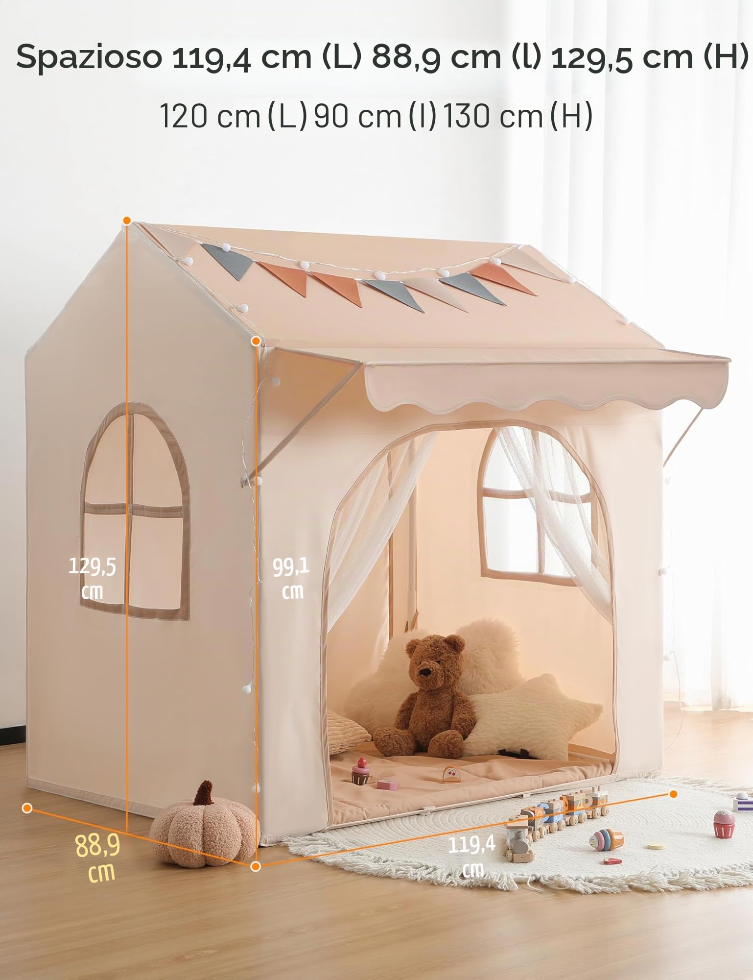 Besrey Tenda per Bambini 2-in-1, Tenda da Gioco con Tettoia per Interni ed Esterni, con Luci, Bandierine e Tappetino, Design Ampio per Lettura e Giochi Creativi - Regalo di Natale Ideale per Bambini
