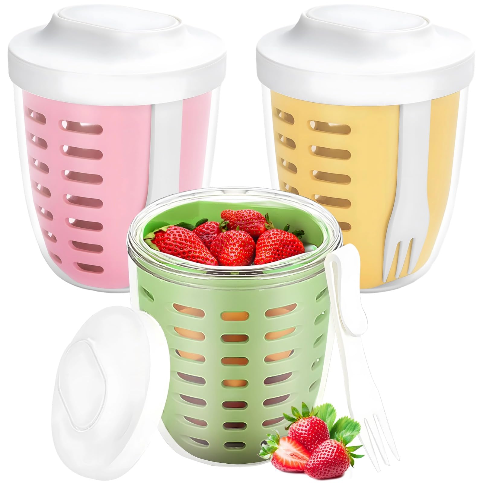 Packool 3PCS Fruit Storage Containers, Creative Portable Reusable Salad Storage Cups Fruit Drain Containers with Lids and Forks
