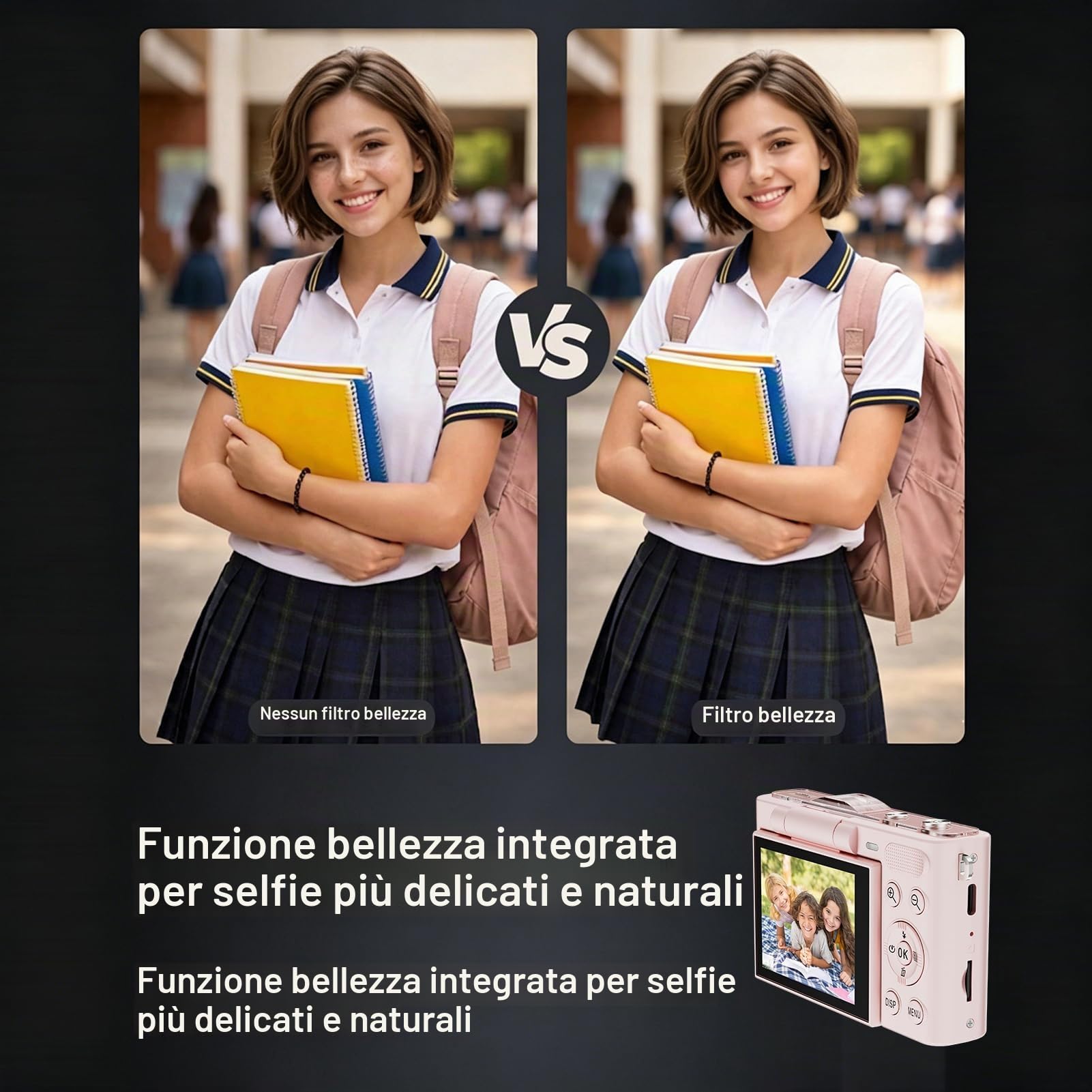Fotocamera Digitale 4K con Scheda TF da 32 GB, Fotocamera da Viaggio 64 MP, Zoom 16x, Obiettivo Grandangolare 76°, Schermo Pieghevole 180°, Filtri Multipli con
