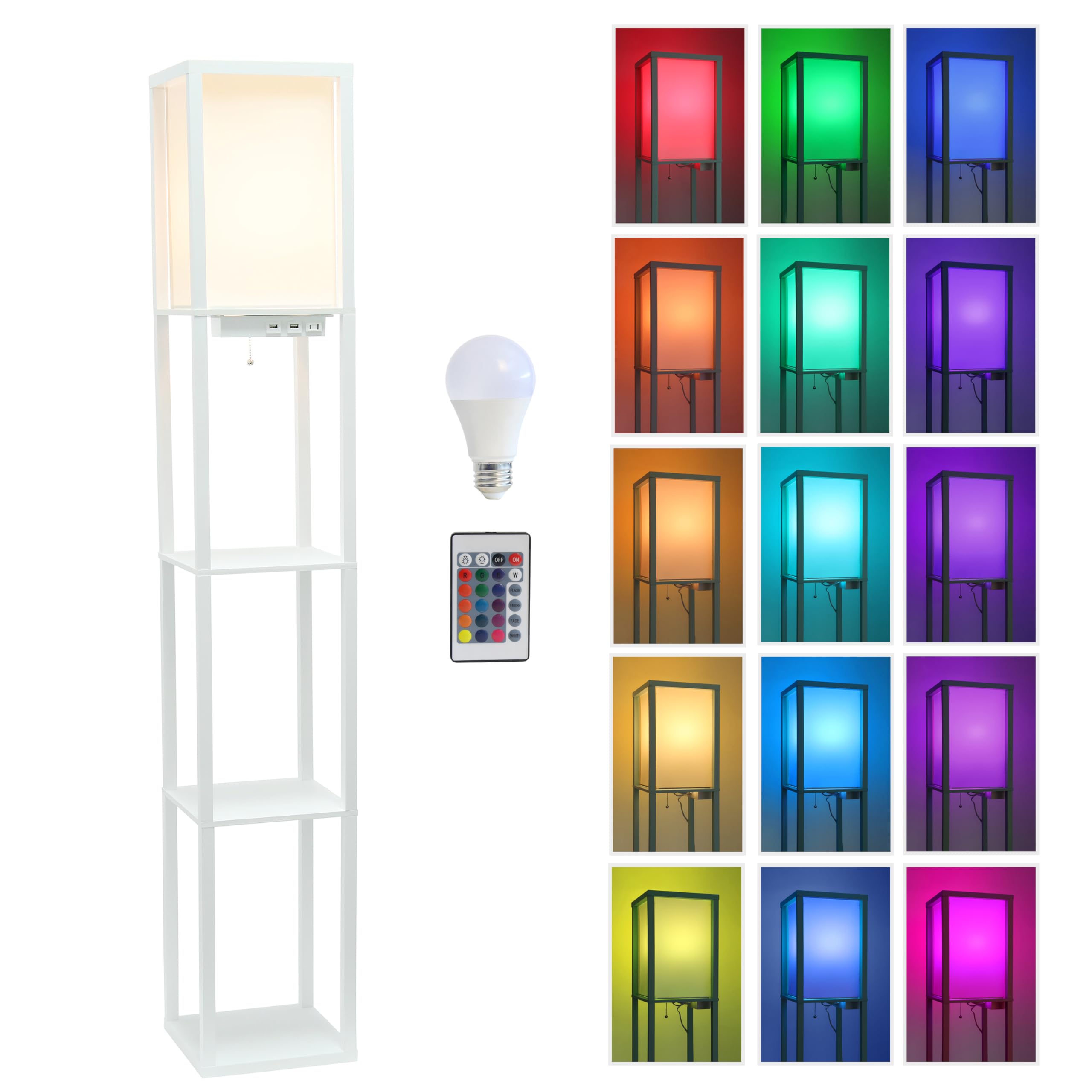 Lampadaire blanc pour manque de place avec étagères de rangement et ports USB