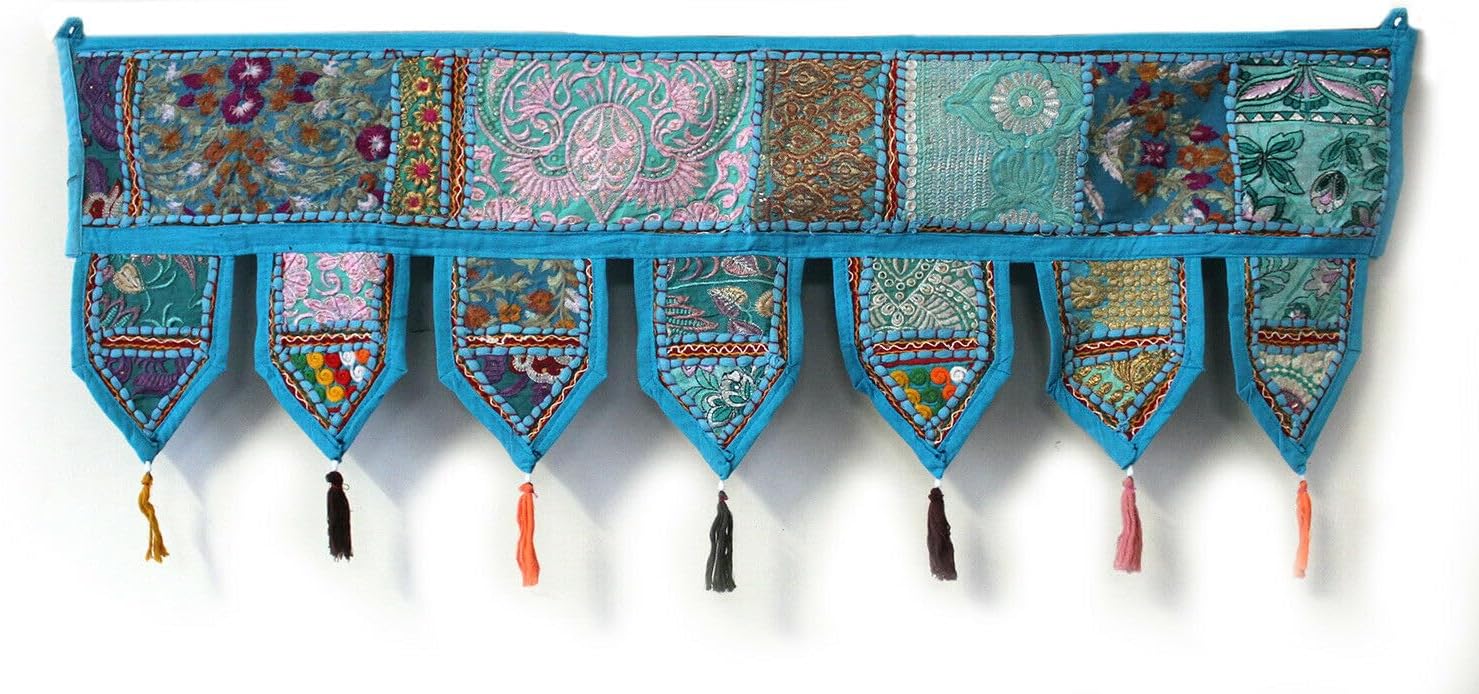 Pranipat Handicraft Vintage Cotton Pacthwork Embroidered Tassel Drape Door Hanging Hippie Door Decor Wall Home Handmade Boho Artisan Crafted Toran Turquoise (Short 40 X 14 Inch (101 x 35 Cm))