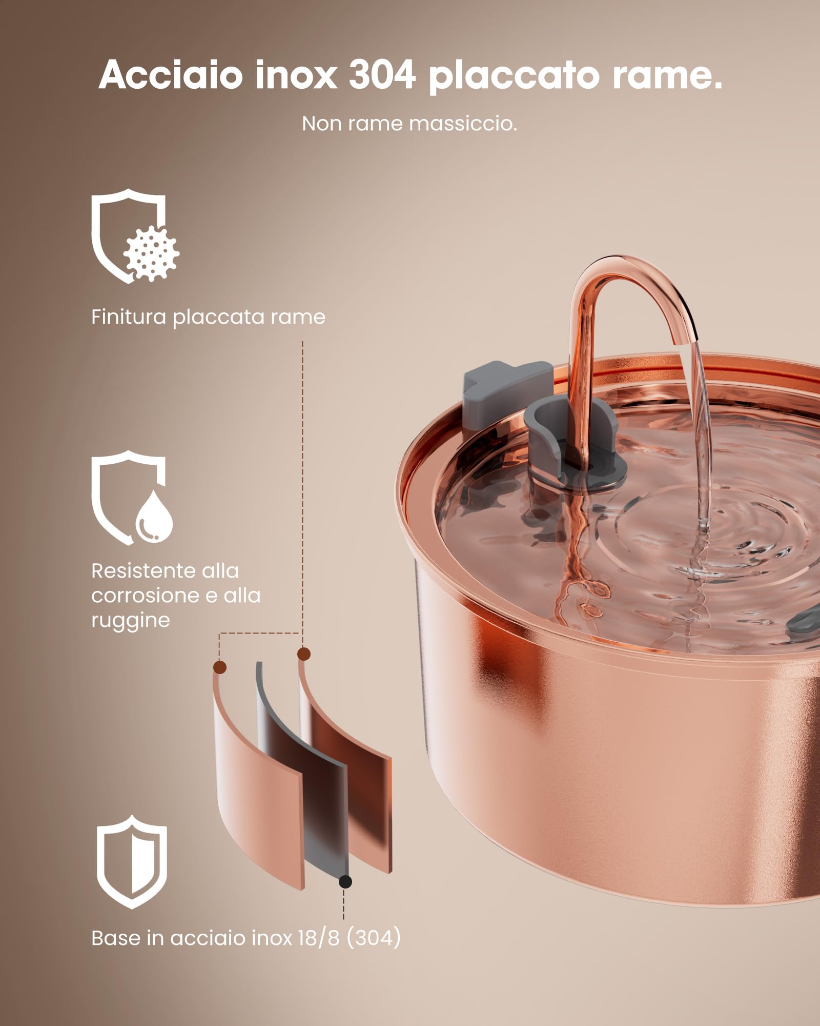 Kittyspout Fontana per gatti da 3,2 l, in acciaio inox, con 3 filtri e finestrella | Fontana particolarmente silenziosa per gatti e cani di piccola taglia, con delicata illuminazione a LED, superficie in rame