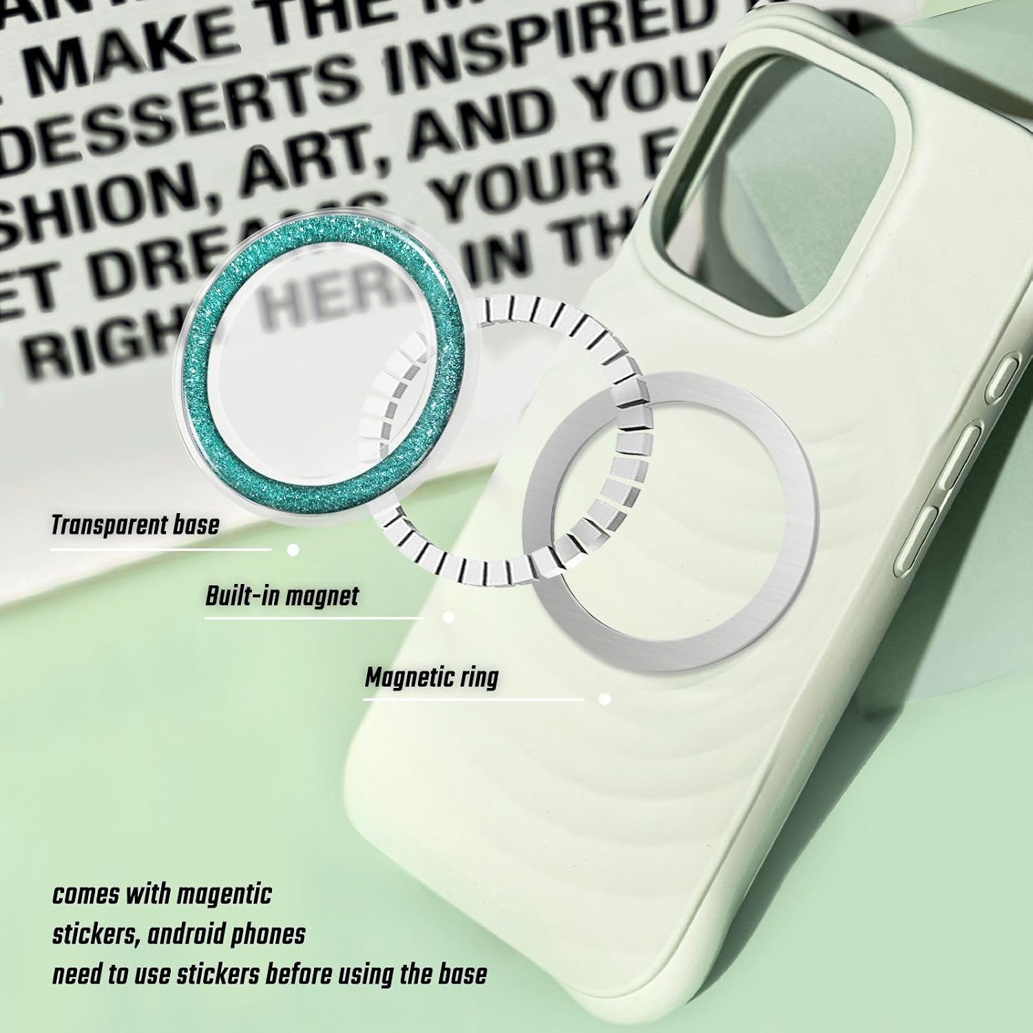 Magnetic Glitter Phone Holder Compatible with Phones, Foldable Phone Grip Stand for Magsafe Smartphones, Tablet,Phone Case - Transparent Turquoise Sparkly image 4