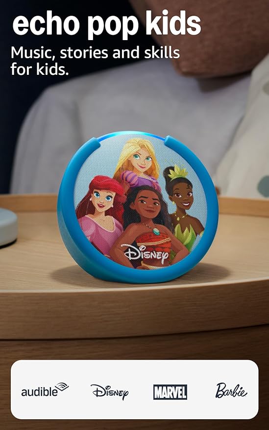 Amazon Echo Pop Kids (newest model), Designed for kids, with Alexa+ Early Access, parental controls, Includes 6 months of Amazon Kids+, Disney Princess