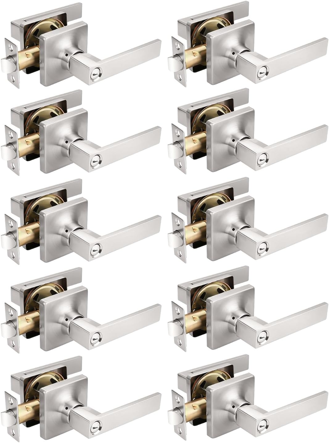 Mengico 10 Pack Door Lever Heavy Duty, Privacy Door Handles Locksets,Satin Nickel Reversible Keyless Square Door Lever for Bedroom and Bathroom