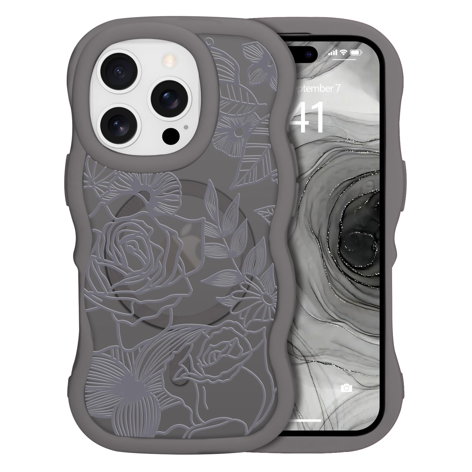 L-FADNUT Magnetisch Handyhülle für iPhone 16 Pro Hülle Kompatibel mit MagSafe, Modisch Wellenform Handyhülle mit Blumen Muster Matte Schutzhülle für iPhone 16 Pro, Grau