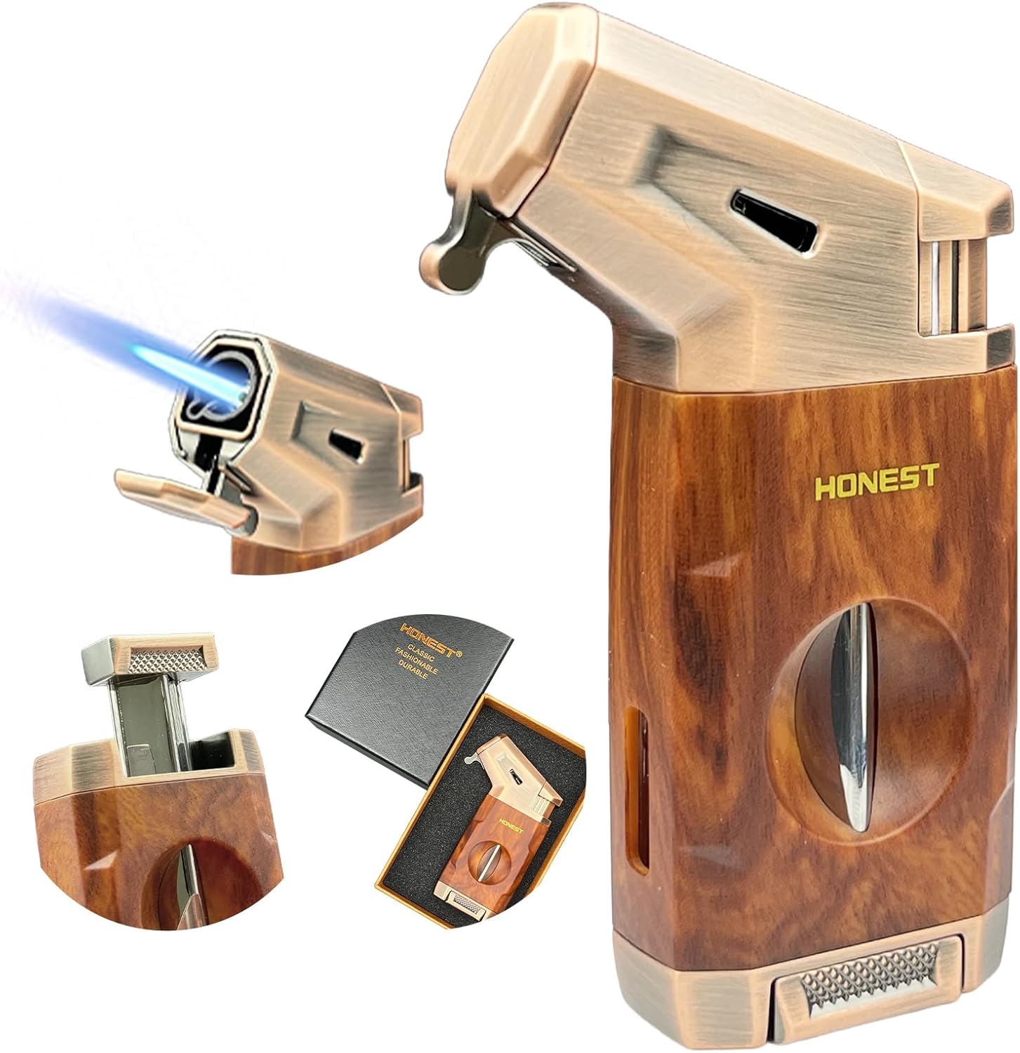 Torch Lighter Built-in V Cutter,Refillable Butane Torch Lighter,Men's Gift,All-in-one Windproof Adjustable Jet Flame for Candle,Camping(Butane Gas Not Include)