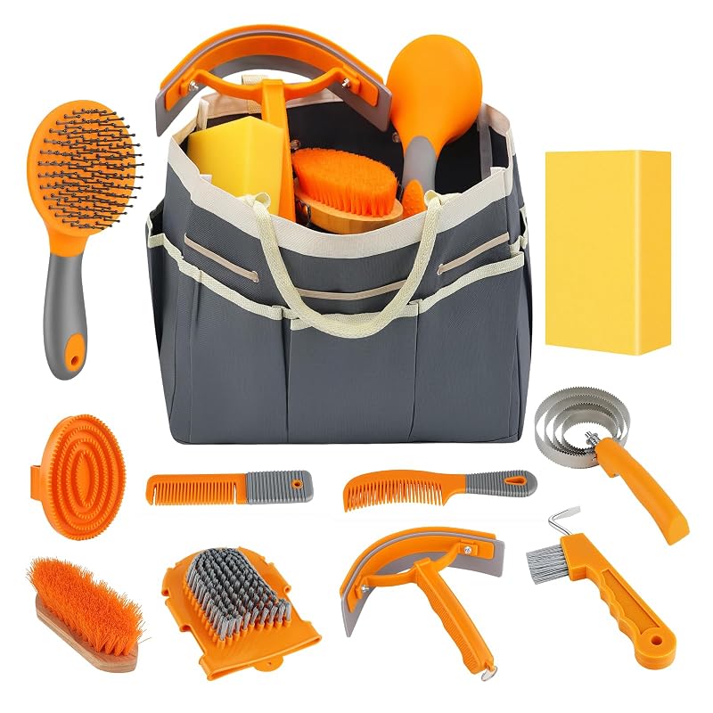 Kit de Higiene e Escovação para Cavalos GuZhiYue com Bolsa Organizadora, Cinza, 12 Peças