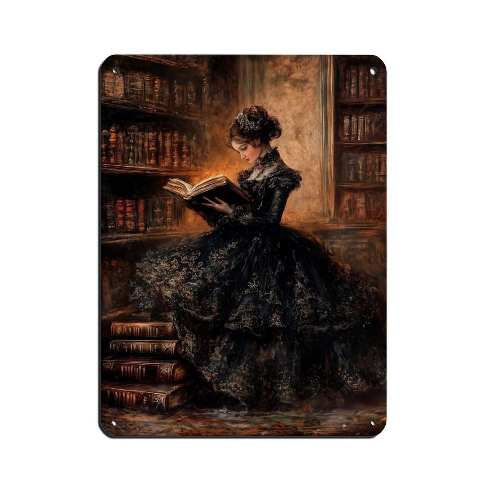 Victorian Lady Reading, Dark Academia Library Art Retro Poster Metal Tin Sign Chic Art Retro Iron Painting Bar People Cave Cafe Family Garage Poster Wall Decoration 12x16inch(30x40cm)