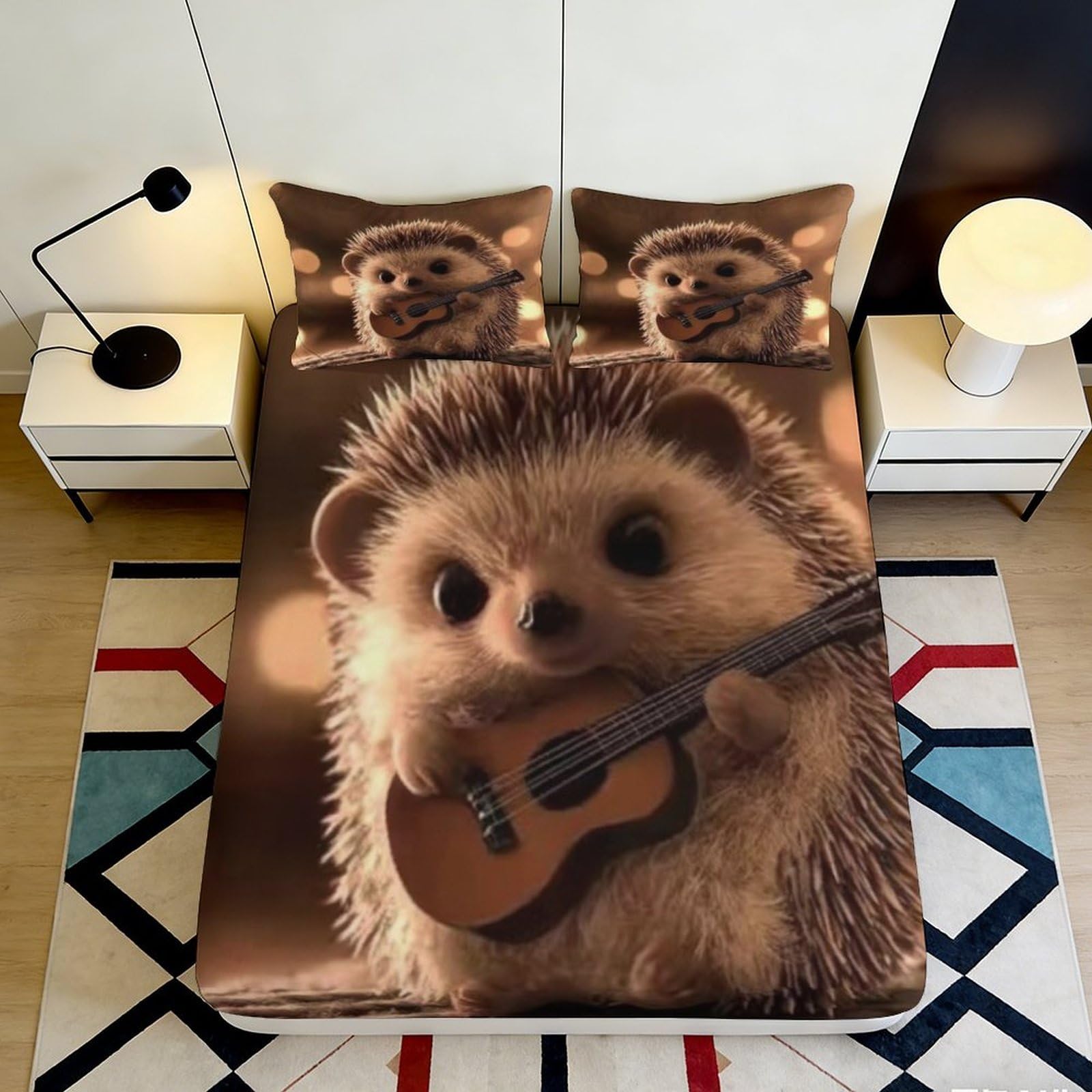 3D Printed Hedgehog Guitar Fitted Sheet Microfiber Soft Brown Cartoon Bed Cover for Bedroom Guestroom Mattress Decor 160x200x25cm