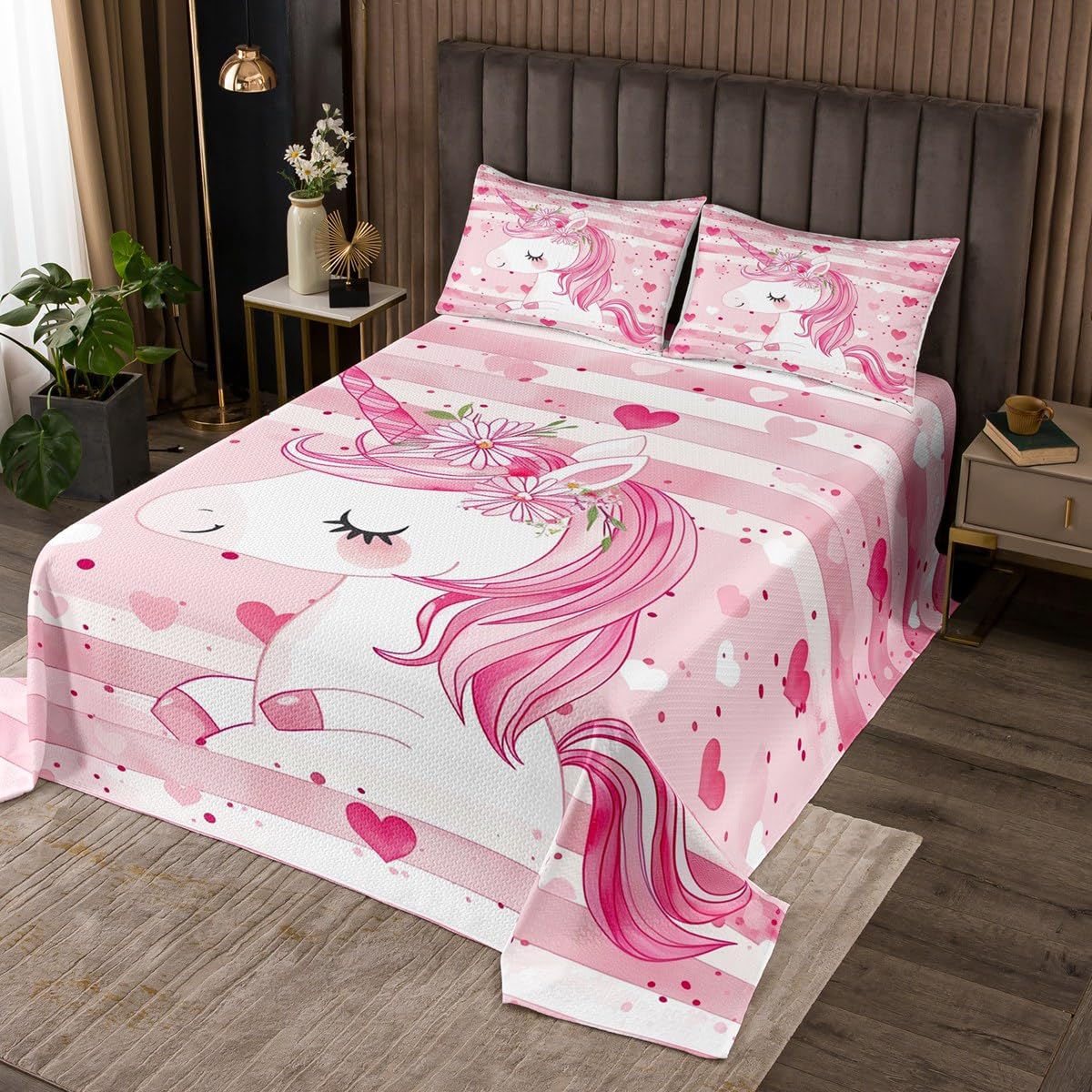 Unicorn Coverlet Set Twin Size,Cartoon Pink Flower Quilted Coverlet for Kids Children Room,Dreamy Fairy Tale Animals Bedspread 2 Piece Quilt Set with 1 Pillow Sham