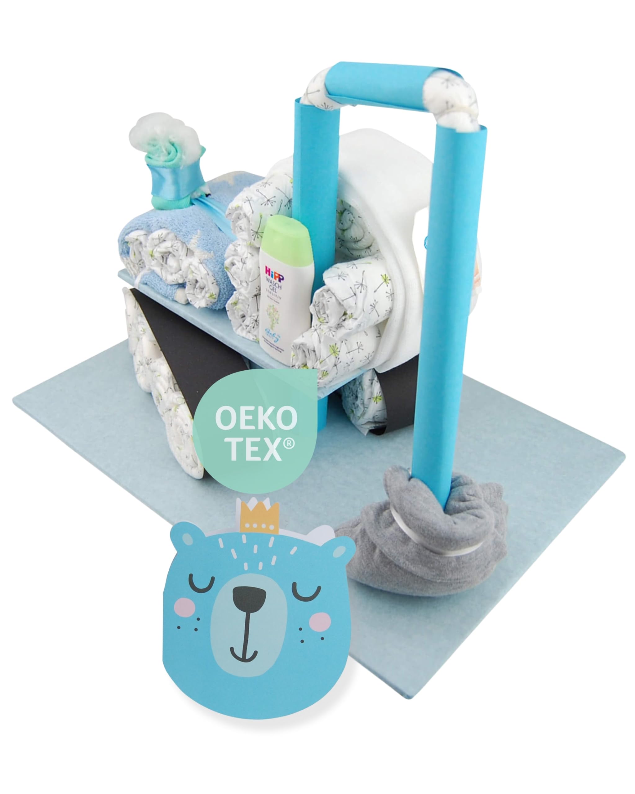 Bagger mit Babysocken [BAUSTELLENFAHRZEUG]- Geschenk zur Geburt - Babyparty - Baby - Babyshower - Pullerparty - Spucktuch - Babylätzchen (Blau/Junge)