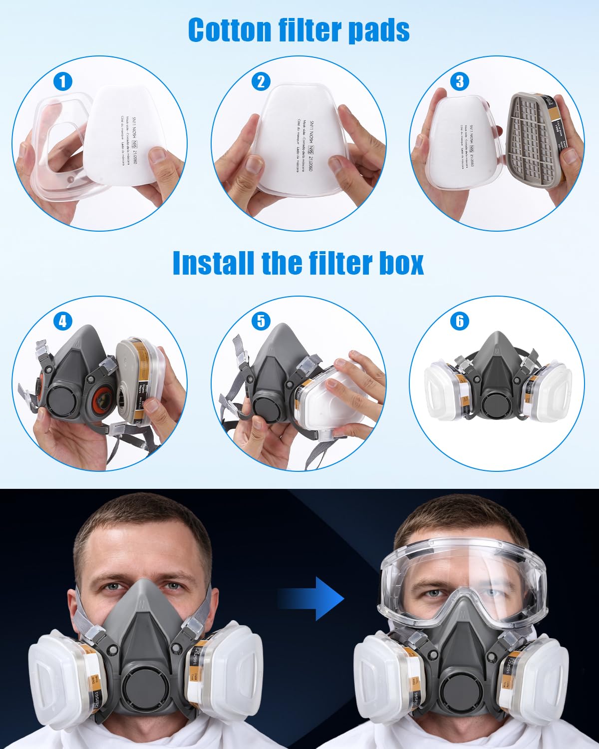 Masque de Protection Respiratoire Masque de Protection avec Filtre Masque Respiratoire avec Lunettes de Protection, Filtres, Coussinets Filtrants, pour Pulvérisation,Peinture,Produits Chimiques