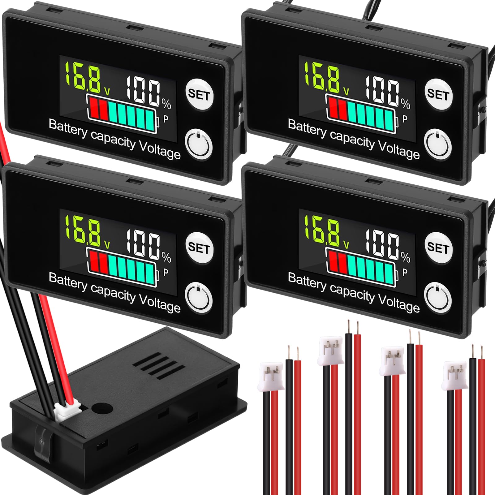 Kingdder 4 Pack Digital Battery Monitor for Golf Cart 8-100v, 12v 24v 36v 48v 60v 72v, LCD Display with Capacity Alarm & Temperature Sensor for Marine Boat/Car/Motorcycle Lithium Lead Acid Batteries