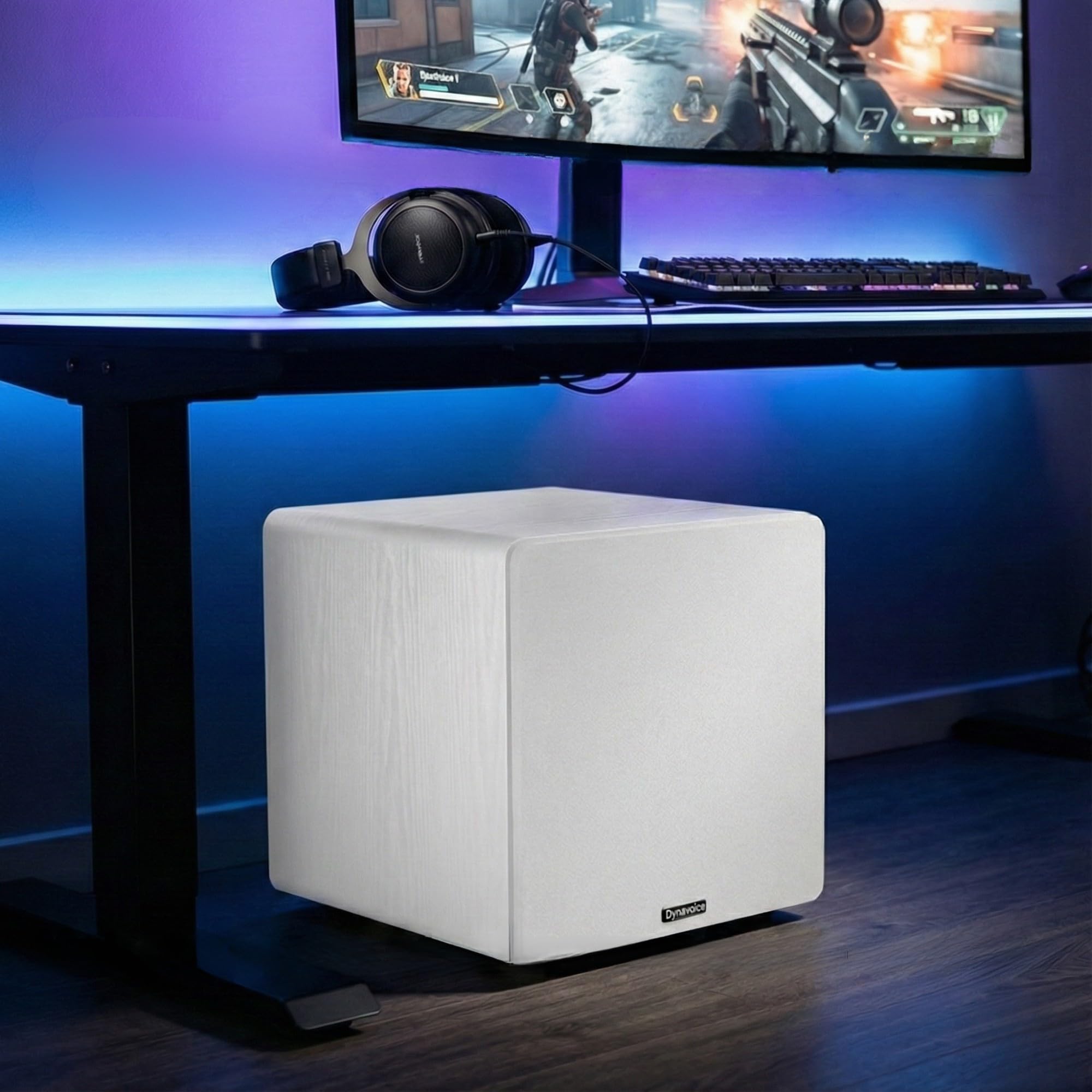 DYNAVOICE Challenger Sub-8 Blanco Mate – Subwoofer Activo 8” 90W RMS (125W Máx.), Recinto Cerrado, Control de Frecuencia | Rejilla Gris Claro y Aislantes de Silicona | Home Cinema y HiFi