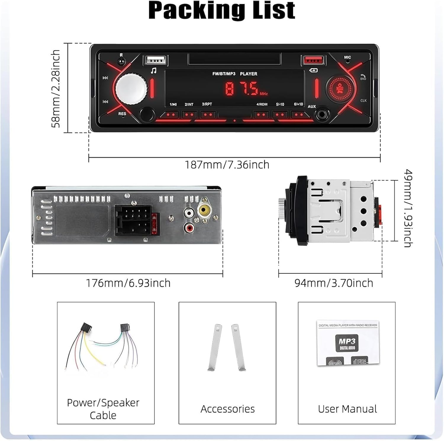 CAMECHO Car Stereo Packing List and Dimensions