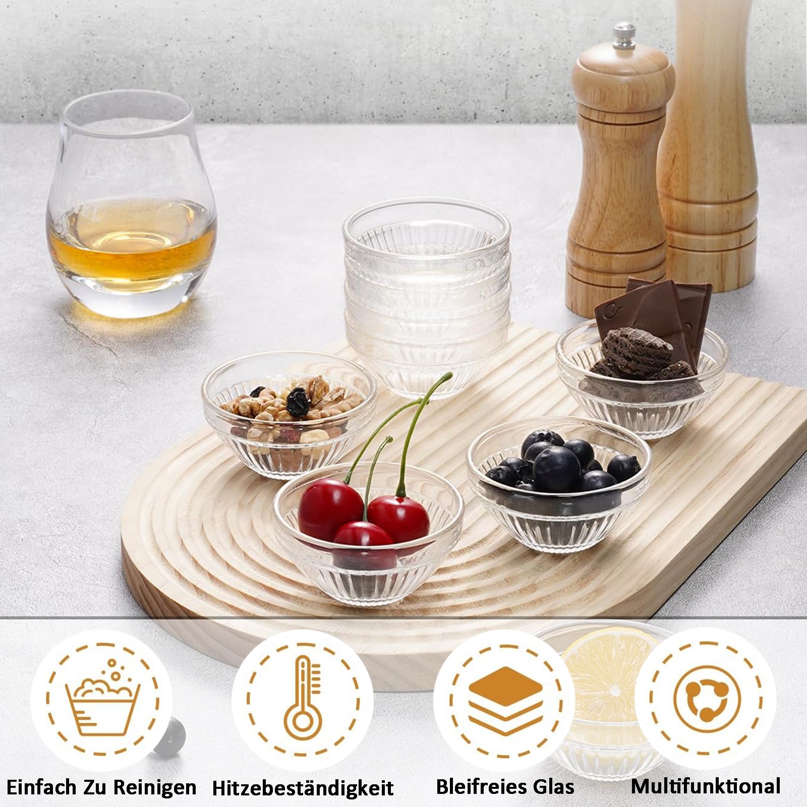 HuangHaodongII 6 ciotole in vetro per salse, ciotole rotonde in vetro trasparente, mini ciotole riutilizzabili per spezie, snack, immersioni, marmellate, creme