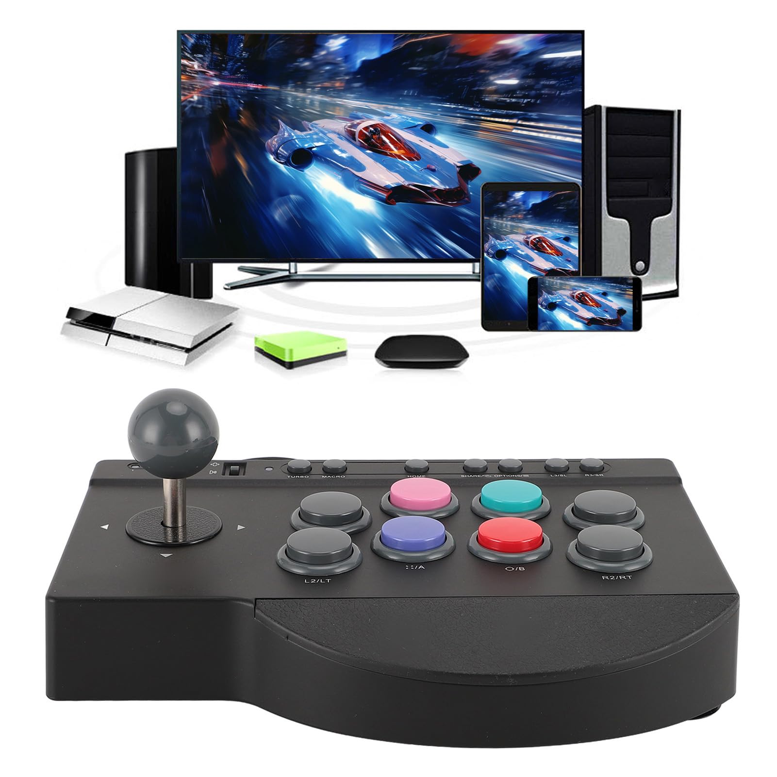 Diyeeni Joystick Arcades, Controlador Fighting Stick con Puerto USB, Funciones Turbo y Macro, Modo Dual, 8 Botones Grandes y Reposamanos de Goma, para Android TV Box, Wins 7 8 10